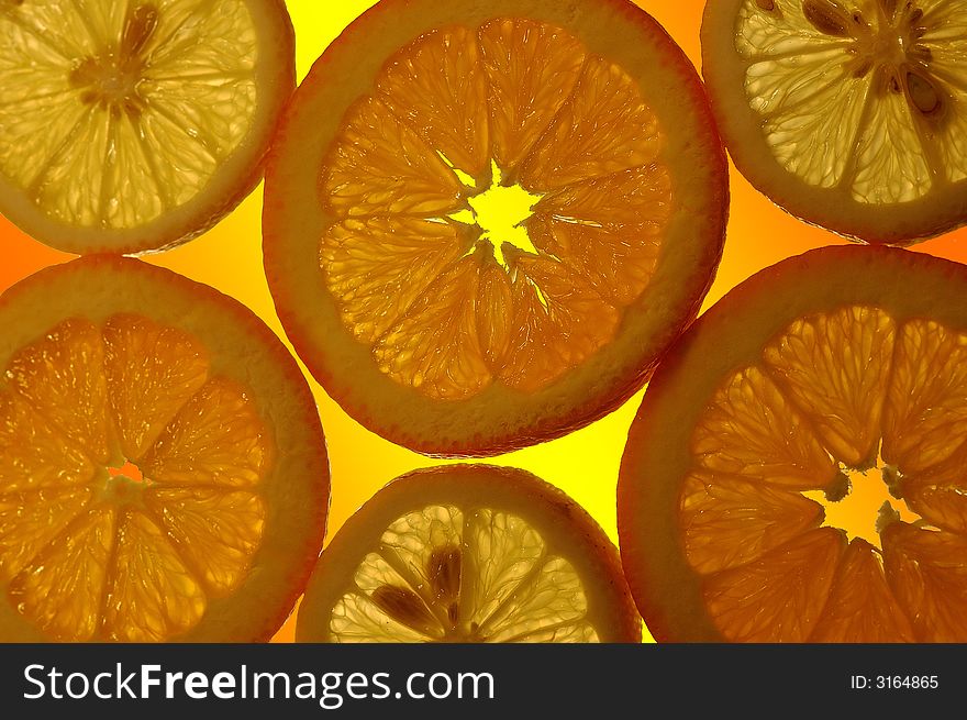 Fresh orange and lemon slices. Fresh orange and lemon slices