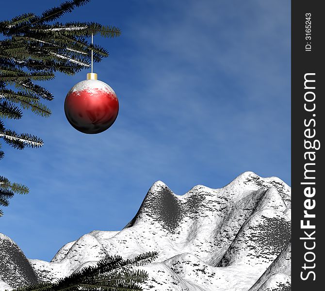 A sparkling xmas ball hanging from a fir tree with snowy mountains on the background. A sparkling xmas ball hanging from a fir tree with snowy mountains on the background.