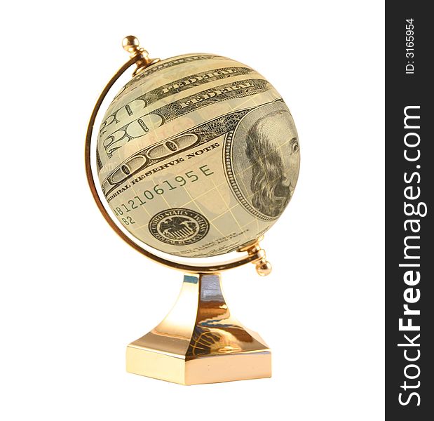 The globe from dollar denominations on a white background.