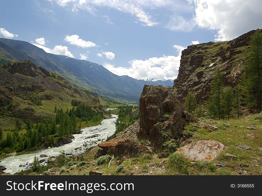 Mountain scenics with snowy peaks, rocks and river