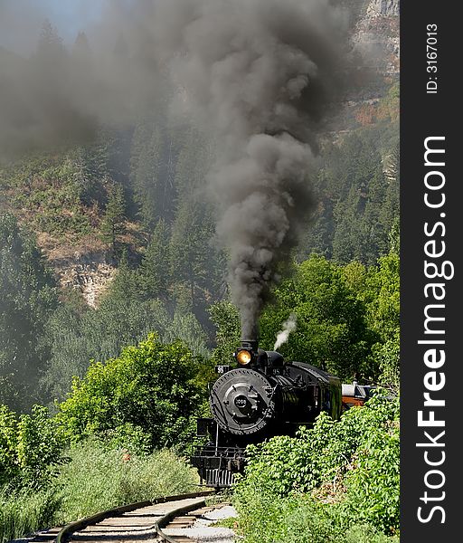 Steam locomotive on railroad tracks in canyon