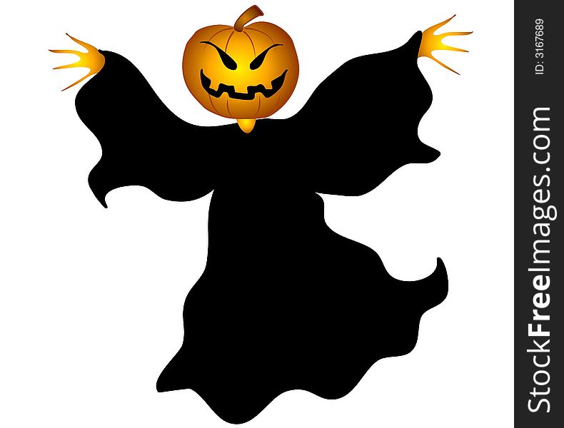 A clip art illustration of a jack-o-lantern pumpkin wearing a black cape and flying through the air. Isolated on white background. A clip art illustration of a jack-o-lantern pumpkin wearing a black cape and flying through the air. Isolated on white background