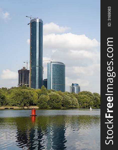 Moscow scyscrapers reflection on the water surface. Moscow scyscrapers reflection on the water surface