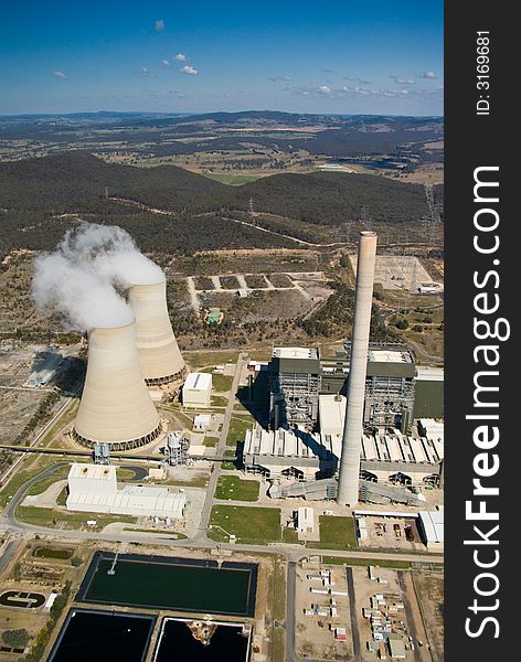 Power Station: Aerial View with Cooling Tower and Chimney Stacks. Power Station: Aerial View with Cooling Tower and Chimney Stacks