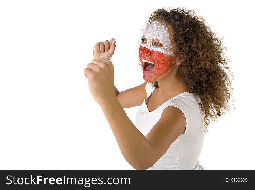 Young female screaming fan with painted Polish flag on face. She's on white background. Side view. Young female screaming fan with painted Polish flag on face. She's on white background. Side view.