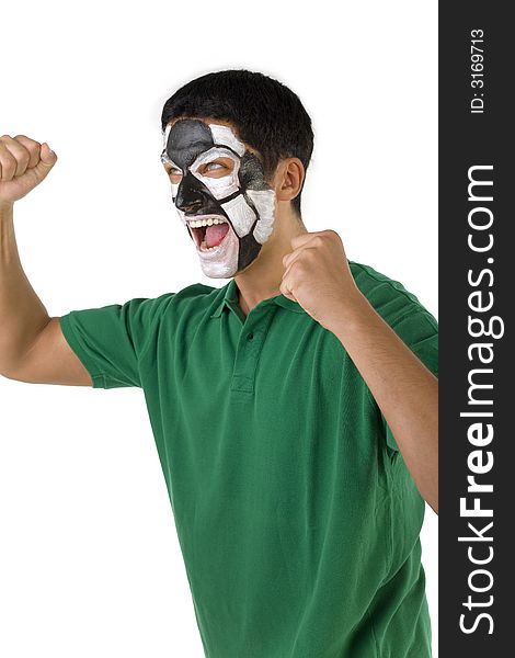 Football's fan with painted ball on face. He's on white background. Football's fan with painted ball on face. He's on white background.