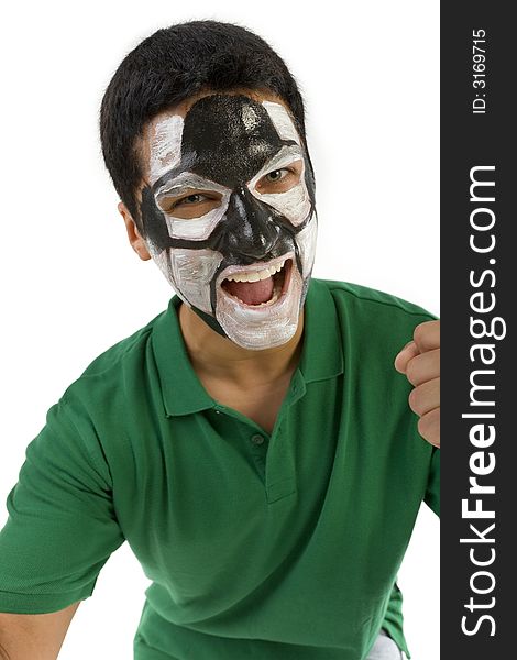 Football's fan with painted ball on face. He's on white background. Front view. He's looking at camera. Football's fan with painted ball on face. He's on white background. Front view. He's looking at camera.