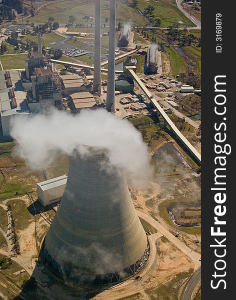 Power Station: Aerial View with Cooling Tower and Chimney Stacks. Power Station: Aerial View with Cooling Tower and Chimney Stacks
