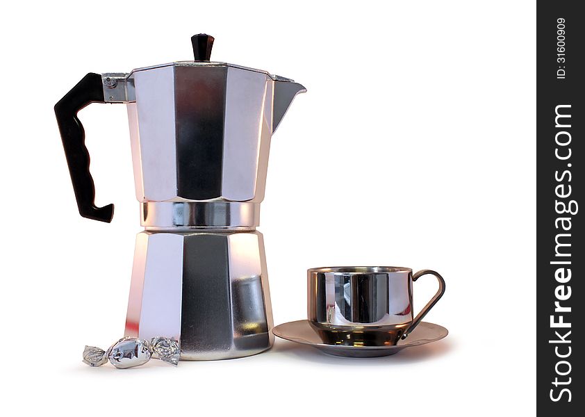 Coffee pot with a cup of espresso coffee against white background. Coffee pot with a cup of espresso coffee against white background.