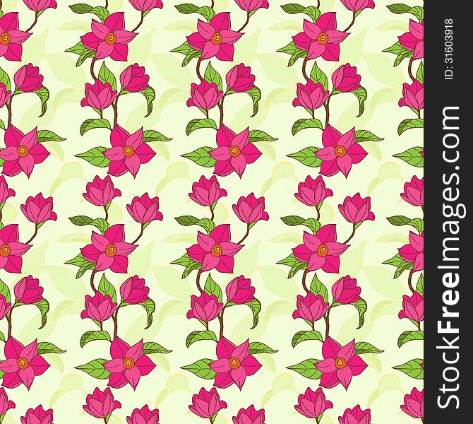 Seamless pattern with pink magnolia and green leaves. Seamless pattern with pink magnolia and green leaves