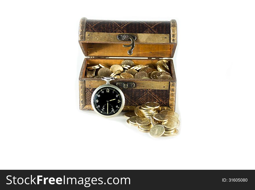 A chest full of gold coins round-the-clock cover is open next to the box of money. A chest full of gold coins round-the-clock cover is open next to the box of money