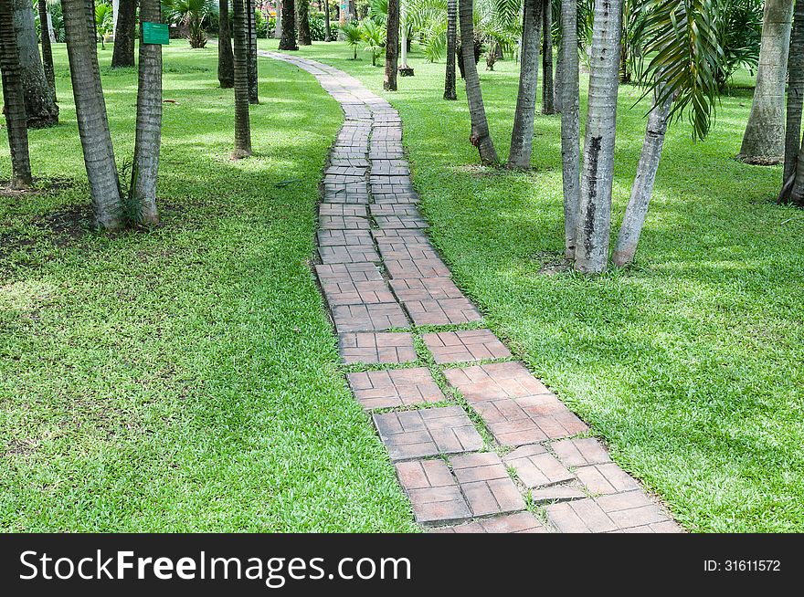 Brickbat path on green grass in garden