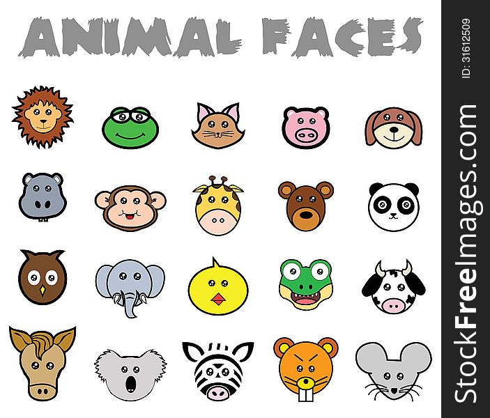 This is a great set of vectorized animals faces. It is full editable and resizable. This is a great set of vectorized animals faces. It is full editable and resizable.