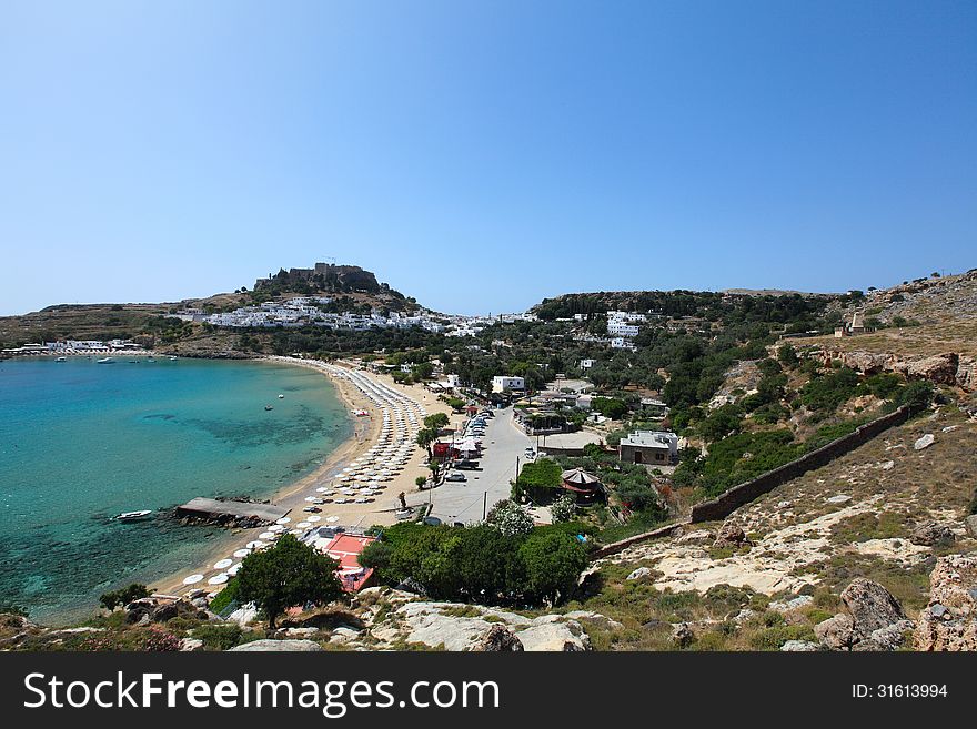 Lindos with the castle above on the Greek Island of Rhodes