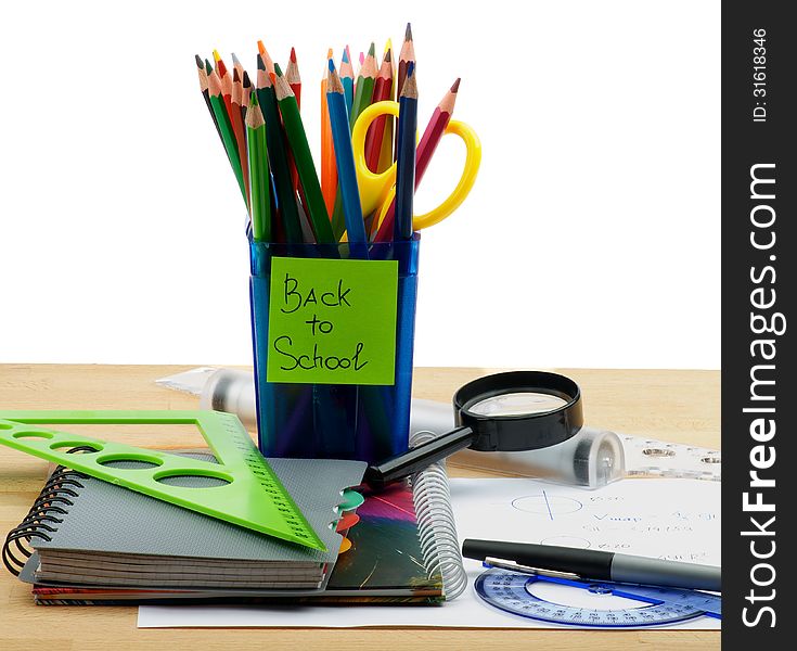 Back to School. Arrangement of School Supplies, Drawing Compass, Magnifier, Ruler Lines and Writing Equipment on School Desk