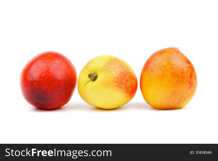 Three Nectarines In a Row isolated on white background