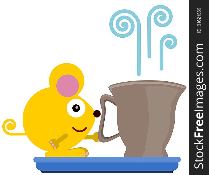 Illustration of a mouse on a plate and holding a hot coffee. Illustration of a mouse on a plate and holding a hot coffee