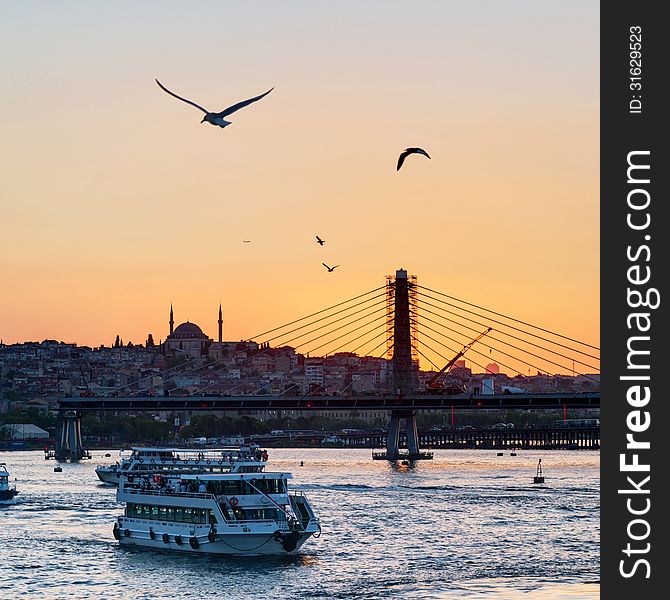 The Golden Horn And Cityscape At Sunset, Istanbul