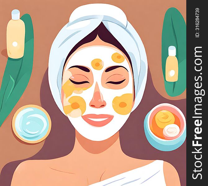 Illustration design Spa woman applying facial mask. Closeup portrait of beautiful girl with a towel on her head applying facial clay mask - indoors