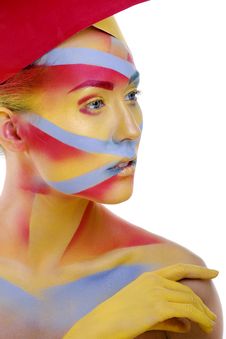 Woman With Creative Geometry Make Up, Tree Color Red, Yellow, Blue Royalty Free Stock Images