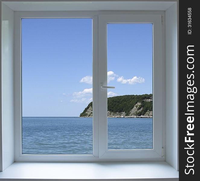 Closed window with views of the sea. Closed window with views of the sea