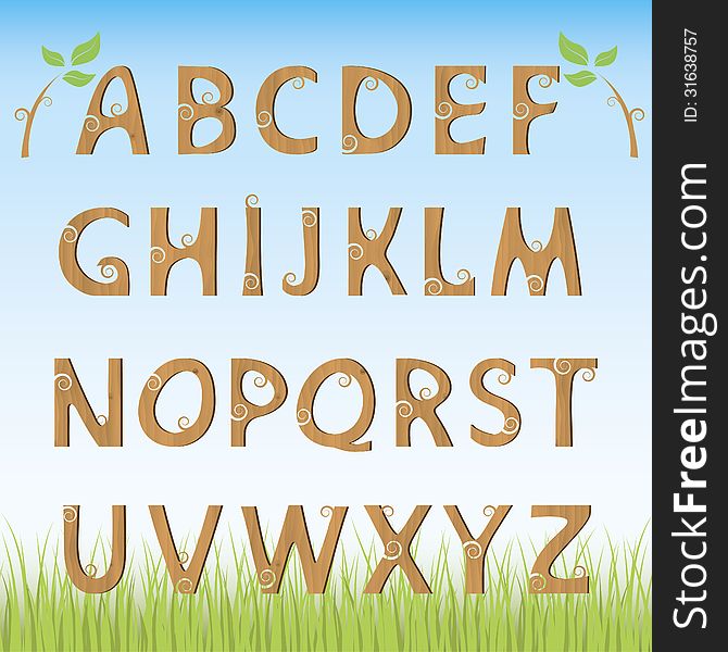 Set wooden letters on light-blue background with grass. Vector illustration. Set wooden letters on light-blue background with grass. Vector illustration