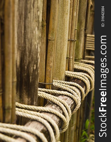 Rope tied to a bamboo fence in garden. Rope tied to a bamboo fence in garden.