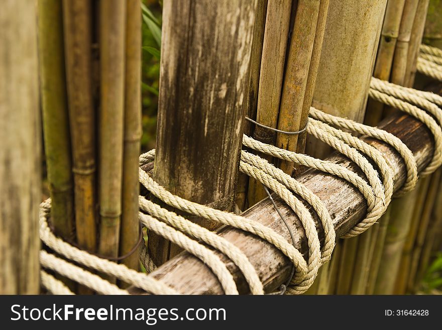 Rope tied to a bamboo fence in garden. Rope tied to a bamboo fence in garden.