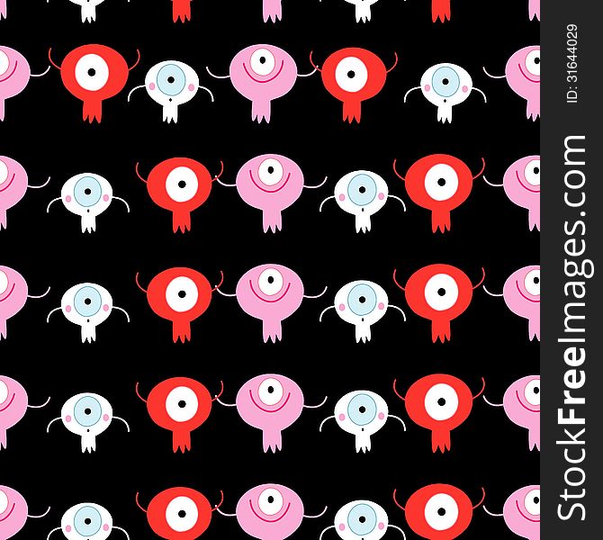 Seamless pattern of funny little monsters on a black background. Seamless pattern of funny little monsters on a black background