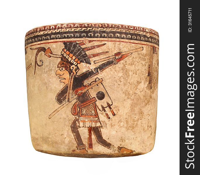 Ancient Mayan Indian decorated pottery vessel with a depiction of a male native dancer. Isolated on white. Ancient Mayan Indian decorated pottery vessel with a depiction of a male native dancer. Isolated on white.