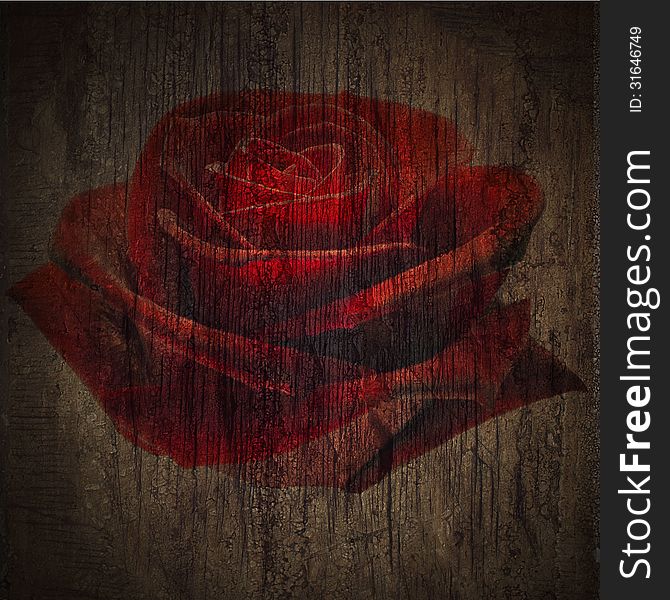 Grunge deep red roses in wooden texture dramatic light