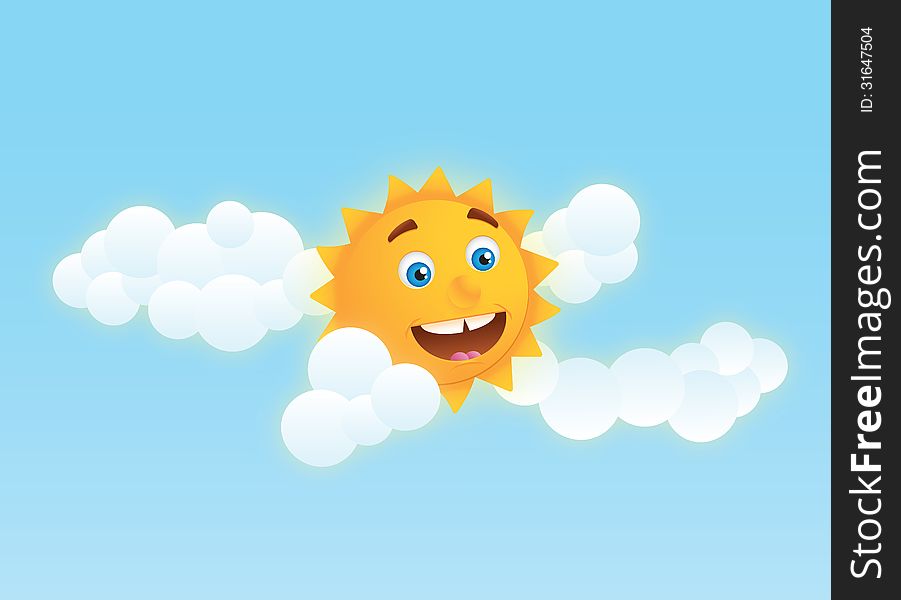 Cute sun illustration / clipart with clouds on blue background. Cute sun illustration / clipart with clouds on blue background