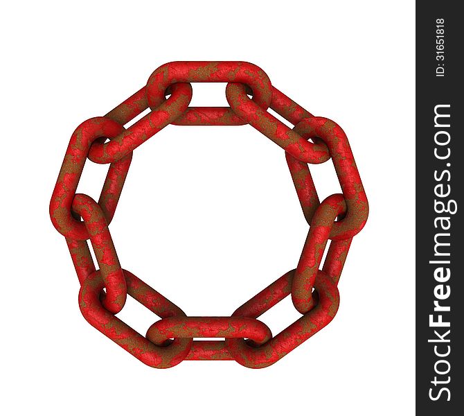 3D model of eroded and rusted red chains connected together isolated on white background