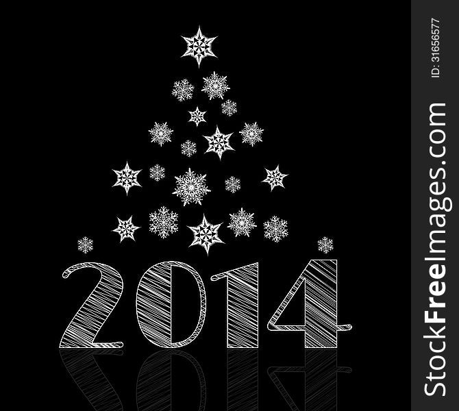 Minimal Happy New Year background with snowflakes shaping tree and 2014 text with reflection on black