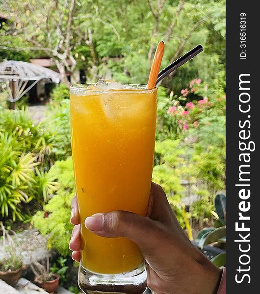 Orange juice with garden background