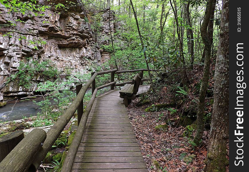 A Wooden Footbridge by a Mountain Stream with a seating area to view the stream.