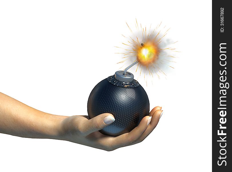 Human Hand Holding A Bomb With Burning Fuse, At The White Background.