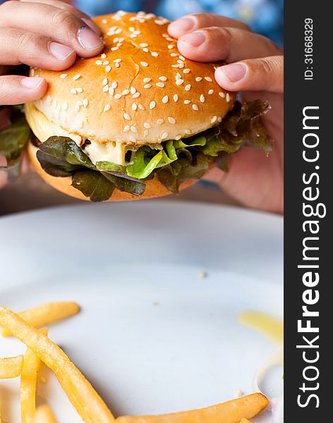 Hand holding a cheeseburger with french fries