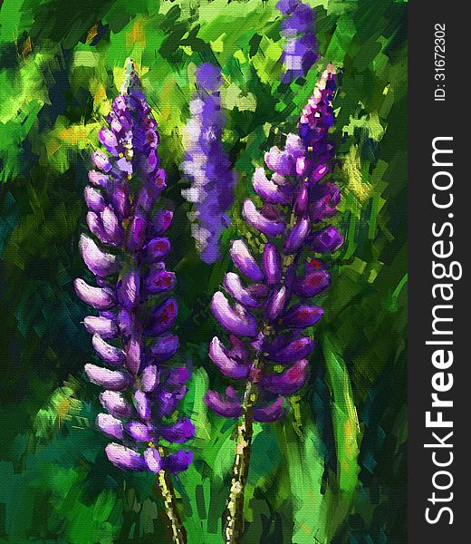 Lupine flower oil painting on canvas, painted tablet