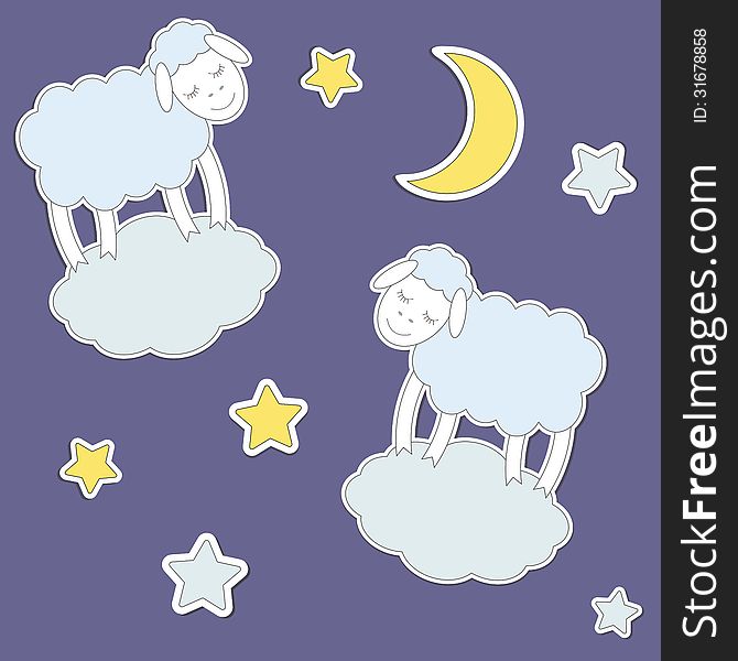 Cute Sheep,moon And Stars