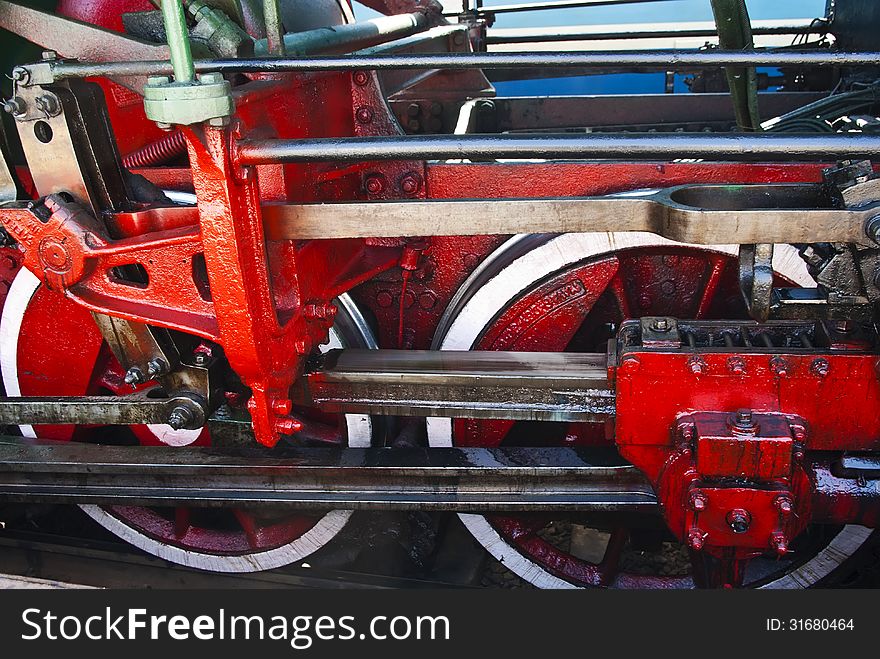 Wheels of the old steam locomotive close up