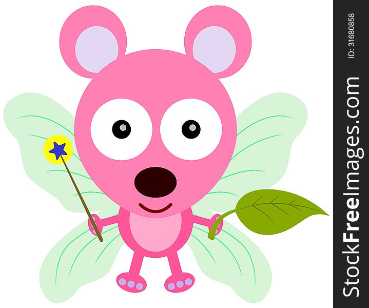 A cute mouse with fairy wings holding a wand and a leaf. A cute mouse with fairy wings holding a wand and a leaf