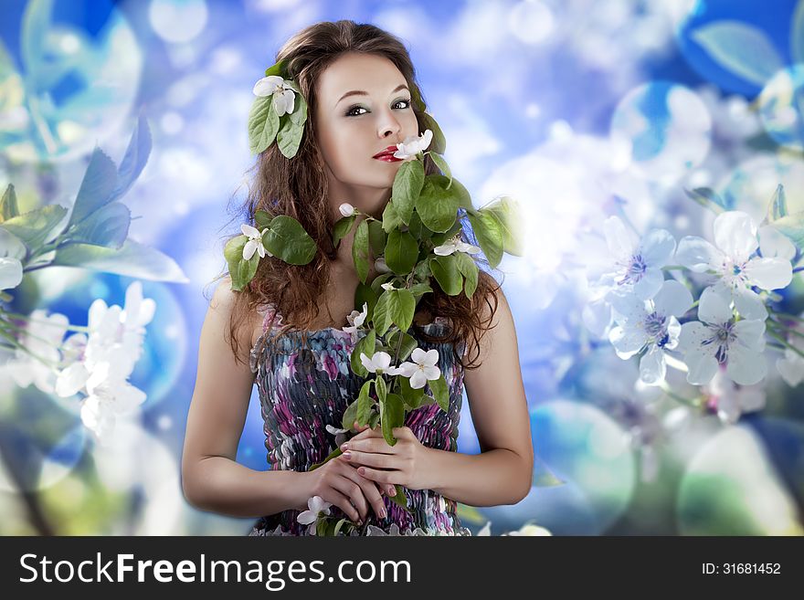 Gorgeous Girl On Abstrack Flowers Background