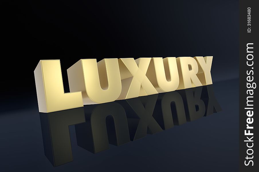 Text: luxury, in gold on dark background (3d render)