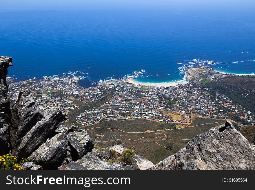 Camps Bay coastline panoramic view from Table Mountain, Cape Town, South Africa. Camps Bay coastline panoramic view from Table Mountain, Cape Town, South Africa