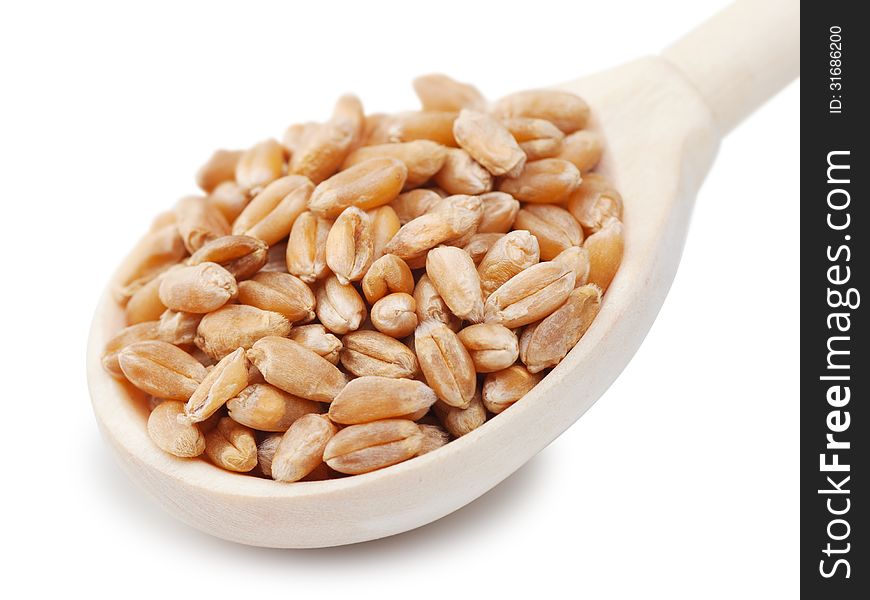 Wheat grains in wooden spoon. Wheat grains in wooden spoon