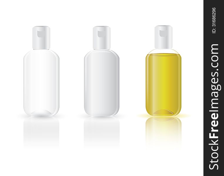 Set of bottles (Clear plastic bottle, Oil in bottle, Opaque plastic bottle) for test your logo