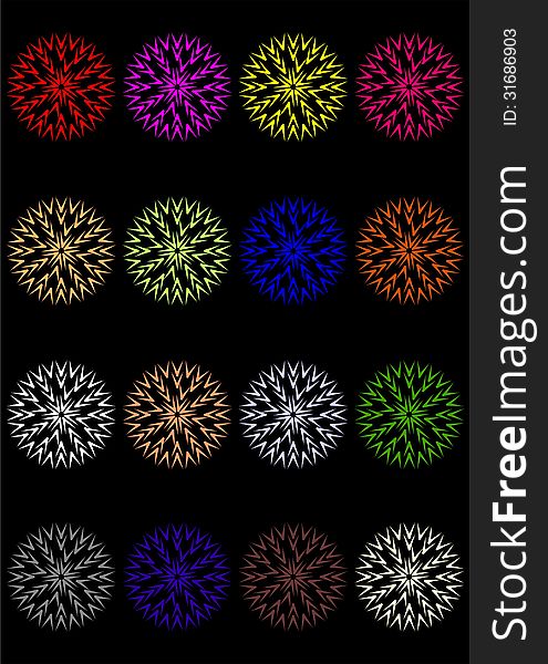 Various examples of balls fireworks on a black background with slots. Various examples of balls fireworks on a black background with slots.