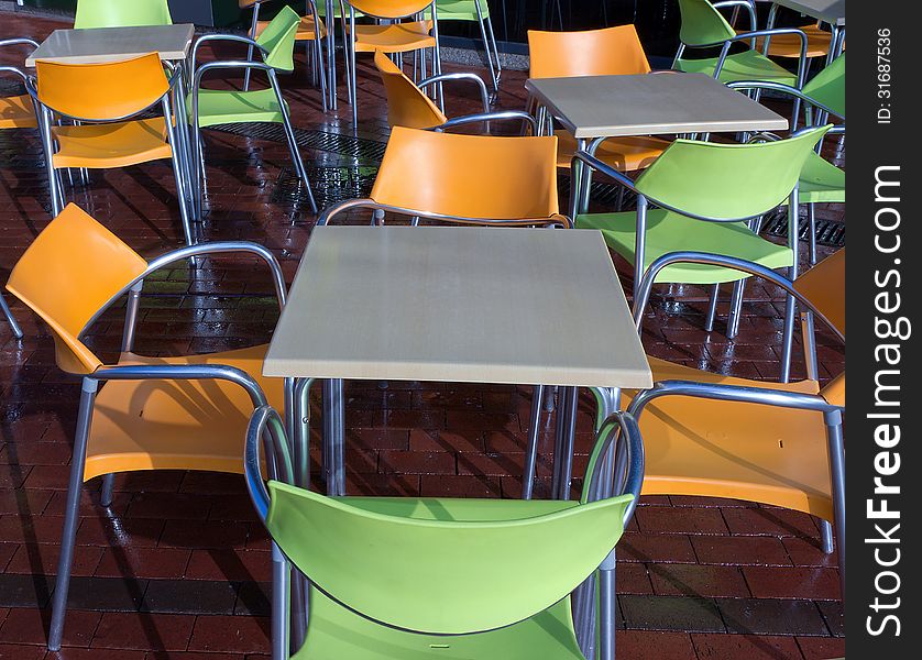 Empty dining cafe color chair tables. Empty dining cafe color chair tables