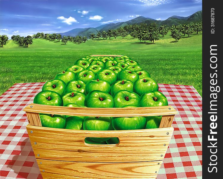 Green apples in a wooden box on a table, with landscape and apple-trees at the background.
